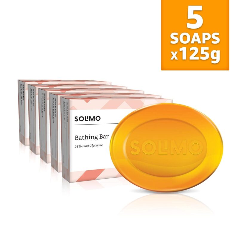Amazon Brand - Solimo Glycerine Bathing Bar (Pack of 5), 5 x 125g