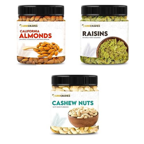 FARMCRAVES Premium Dry Fruits Combo Pack (750g) | Whole Almond (250g) + Cashew (250g) + Raisin (250g) | Healthy Dry Fruit Snack Combo