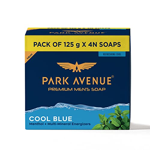 Park Avenue Premium Men’s Soaps for Bath – Cool Blue | 125g (Pack of 4) | Menthol & Mineral Energizer | Grade 1 Soap | For All Skin Types